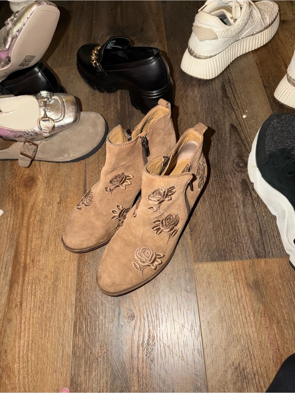 Lucky Brand Tan Suede Floral Embroidered Ankle Booties